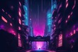 Purple and cyan neoplasms light up a futuristic cityscape. The setting is set at night and features futuristic buildings. Generative AI