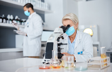 Poster - Microscope, face mask and science woman for medical analysis, virus or bacteria research in laboratory. Covid vaccine, pharmaceutical and biotechnology people, professional expert or scientist