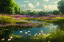 Green, Flowers In The Pond, Flowers Paintings Monet Painting Claude Impressionism Paint Landscape Scene Meadows Filled. Generative AI