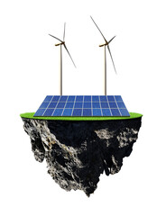 Wall Mural - small island with solar energy panel and wind turbines isolated on transparent background, png. clea