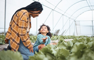 Poster - Agriculture, farm and mother with girl in greenhouse garden to check growth of plants. Black family, agro question and care of mom laughing with kid on field for farming, learning or sustainability.