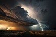 Storm with wind and lightning dramatic scene. Thunderstorm weather. Dangerous weather condition. Generative AI