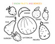 I know fruits matching activity for children, coloring page,  Educational game for kids homeschooling. Find and count printable worksheet