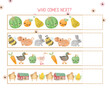 Farm animals, fruits and vegetables logic game, who comes next,  activity for children. . Educational game for kids homeschooling, printable worksheet