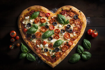 Pizza heart shaped with tomatoes, mozzarella on wooden table background. Concept for Valentines Day. Generative Ai.