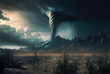 Powerful tornado in mountains, whirlwind in dark sky, low clouds. Generative AI