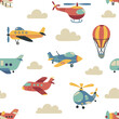 Baby air transport pattern. Seamless print of cute childish aviation, nursery wallpaper with doodle kid airplane helicopter transportation. Cartoon vector texture