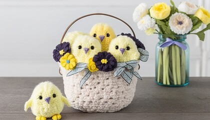 Poster -  a crocheted basket with a bunch of little birds in it and a vase of flowers in the background with flowers in the foreground.  generative ai