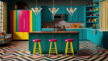 Sticker -  a colorful kitchen with a bar stools in the middle of the room and a colorful rug on the floor and a colorful cabinet and counter.  generative ai