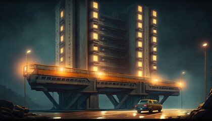 Poster -  a painting of a car driving under a bridge at night with lights on the building and street lights on the street lights on the bridge.  generative ai