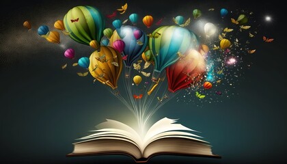  an open book with balloons floating out of it and a bookmark flying out of the book's pages into the air with a bookmark in the middle.  generative ai