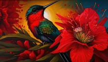  A Painting Of A Colorful Bird Sitting On A Branch With Red Flowers In Front Of A Yellow Sky With A White Dot In The Center.  Generative Ai