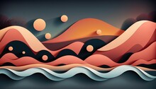  An Abstract Landscape With Mountains And Waves In The Foreground, And A Sunset In The Background, With Orange And Blue Hues On A Black Background.  Generative Ai