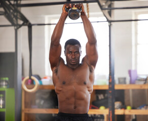 Canvas Print - Black man, bodybuilder and kettlebell for fitness in gym, arm muscle training, portrait and weightlifting exercise. Biceps, strong and bodybuilding, focus and serious with commitment to workout