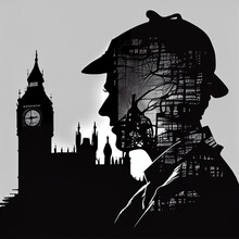 Sherlock Holmes, London City Silhouette Background, AI Generative