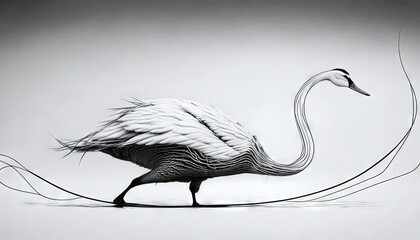 Sticker -  a black and white photo of a bird with long hair on its head and neck, walking across a body of water with a long tail.  generative ai