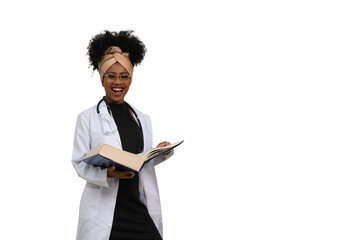  young woman medical student with textbooks looks at camera and smiles. 