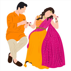Wall Mural - Vector vector cute indian couple cartoon in traditional dress posing for wedding invitation card design