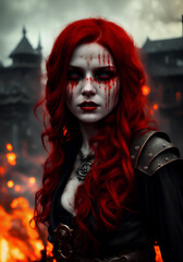 Wall Mural - Beautiful witch with red hair of fire. Portrait of a sorceress in blood. A bloody witch in the dark. Scary fantasy character. Vampire woman in makeup. Girl in blood with big eyes. Generative AI.