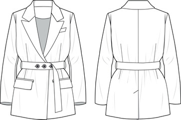 Women's Belted Blazer Jacket- Technical fashion illustration. Front and back, white color. Women's CAD mock-up.