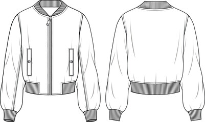 Women's Bomber Jacket. Technical fashion illustration. Front and back, white color. Unisex CAD mock-up.