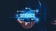 © LALAKA - Business service online digital technology. Businessman touching digital globe hologram. Quality business relationship. customer service advice and support. Technology robot assistance online services