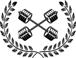 Canvas Print - Emblem template with crossed barbells and wreath. Design element for logo, sign, emblem. Vector illustration