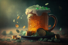 Saint Patrick's Day Cheers With A Mug Of Beer And Shamrock Leaves - Generative Ai