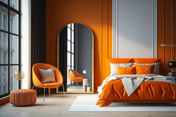 Wall Mural - Wooden orange bedroom interior, bed linen and pillows, front view, parquet by the window overlooking the city. Mirror and chair with table. Idea for interior design. AI