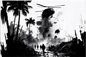 Wall Mural - A black and white pen illustration of a battlefield scene during the Vietnam War with Helicopters in the sky. AI Generative Art.