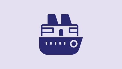 Sticker - Blue Cruise ship icon isolated on purple background. Travel tourism nautical transport. Voyage passenger ship, cruise liner. Worldwide cruise. 4K Video motion graphic animation