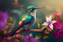Beautiful Hummingbird On A Branch,colored Hummingbird On A Branch With Blooming Flowers, Generative AI