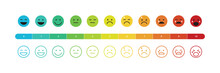 Pain Rating Scale Chart. Flat And Line Horizontal Pain Measurement Scale. Colorful Emotions From Happy To Crying Icon. Vector Illustration