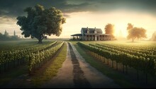 Winery With Beautiful Scenery Of The Field And A Farm House In The Background 