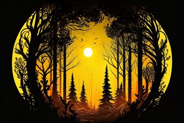 Wall Mural - Beautiful forest silhouette with trees and sun in a circle with yellow gradient color