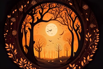 Wall Mural - Beautiful forest silhouette with trees and sun in a circle with  orange gradient color