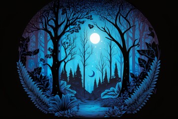 Wall Mural - Beautiful forest silhouette with trees and full moon in a circle with blue gradient color