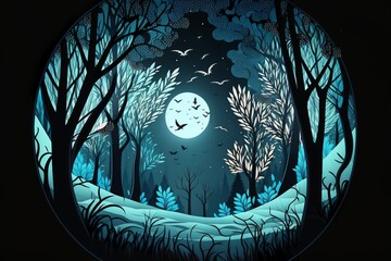 Wall Mural - Beautiful forest silhouette with trees and full moon in a circle with blue gradient color