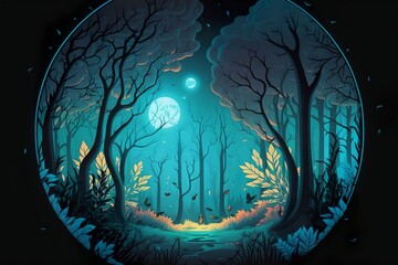 beautiful forest silhouette with trees and full moon in a circle with blue gradient color