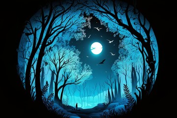 Wall Mural - Beautiful forest silhouette with trees and full moon in a circle with blue gradient color