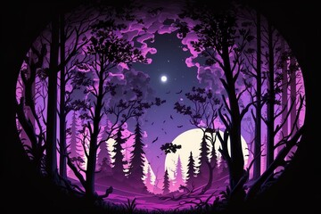 Wall Mural - Beautiful forest silhouette with trees and full moon in a circle with purple gradient color
