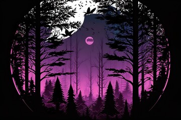 Wall Mural - Beautiful forest silhouette with trees and full moon in a circle with purple gradient color