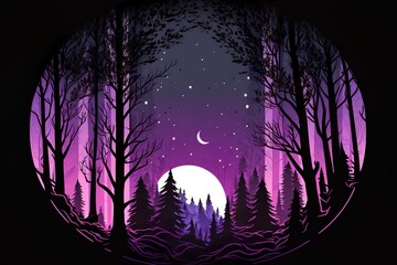 Wall Mural - Beautiful forest silhouette with trees and full moon in a circle with purple gradient color
