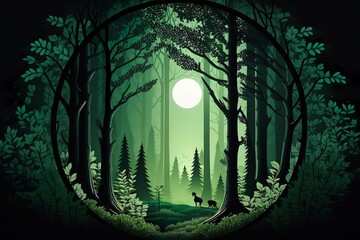 Wall Mural - Beautiful forest silhouette with trees and sun in a circle with green gradient color