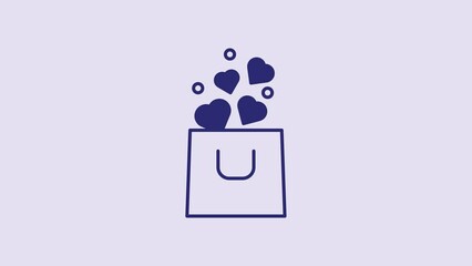 Sticker - Blue Shopping bag with heart icon isolated on purple background. Shopping bag shop love like heart icon. Happy Valentines day. 4K Video motion graphic animation