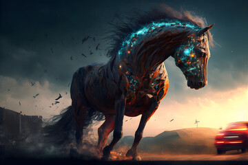 Wall Mural - fantastic cybernetic horse looking at passing car at sunset, neural network generated art. digitally