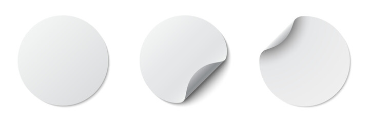 Poster - Circle adhesive symbols. White tags, paper round stickers with peeling corner and shadow, isolated rounded plastic mockup, realistic set round paper adhesive sticker mockup with curved corner