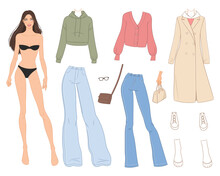 Vector Illustration Of A Beautiful Dress-up Doll With Stylish Fashion Clothes, Jeans Pants, Jackets, Hoodies, Coats, Sneakers, And Boots. Seven Combinations Of Clothing. Female Fashion Creator.