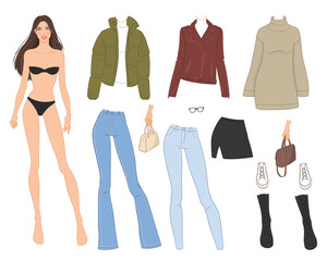 Wall Mural - Vector illustration of a beautiful dress-up doll with stylish fashion clothes, jeans pants, jackets, a dress, sneakers, and boots. Five combinations of fall clothing. Female Fashion creator.