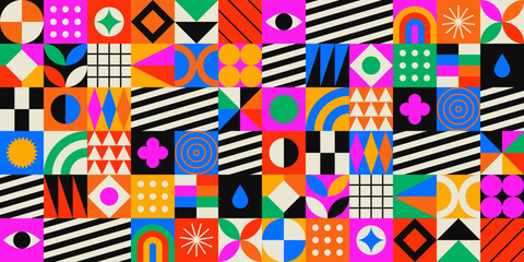 Wall Mural - Colorful geometric mosaic seamless pattern illustration with creative abstract shapes. Modern scandinavian style background print. Trendy bright symbols and minimalist shape texture, geometry collage.